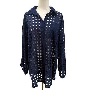 ADIVA Navy Blue Eyelet Holes Button Down Oversized Boho Beach Cover Up Top Large